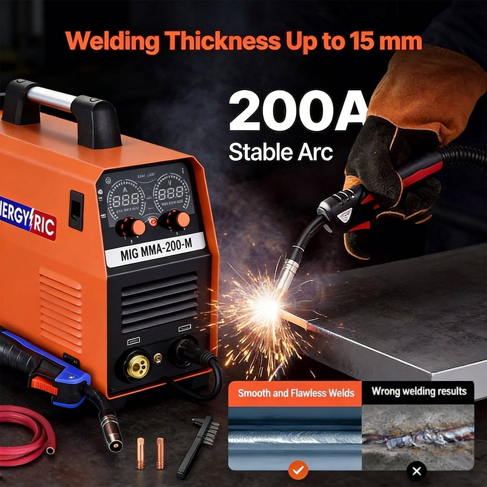 200A 4-in-1 MIG Welder | Synergic Gas/Gasless MIG, Stick, Lift TIG | IGBT Inverter, Dual Voltage 110V/220V, LCD Display Secondary image