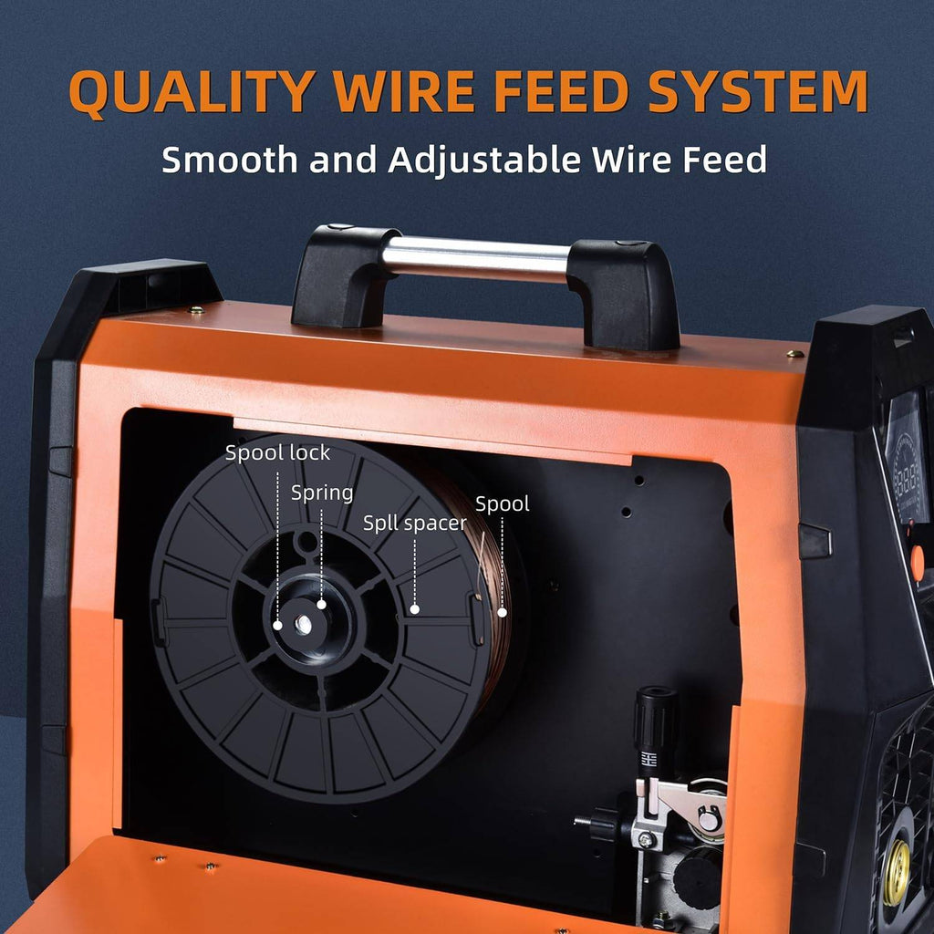 Wire feed system with spool lock, spring, and spool spacer on welding machine