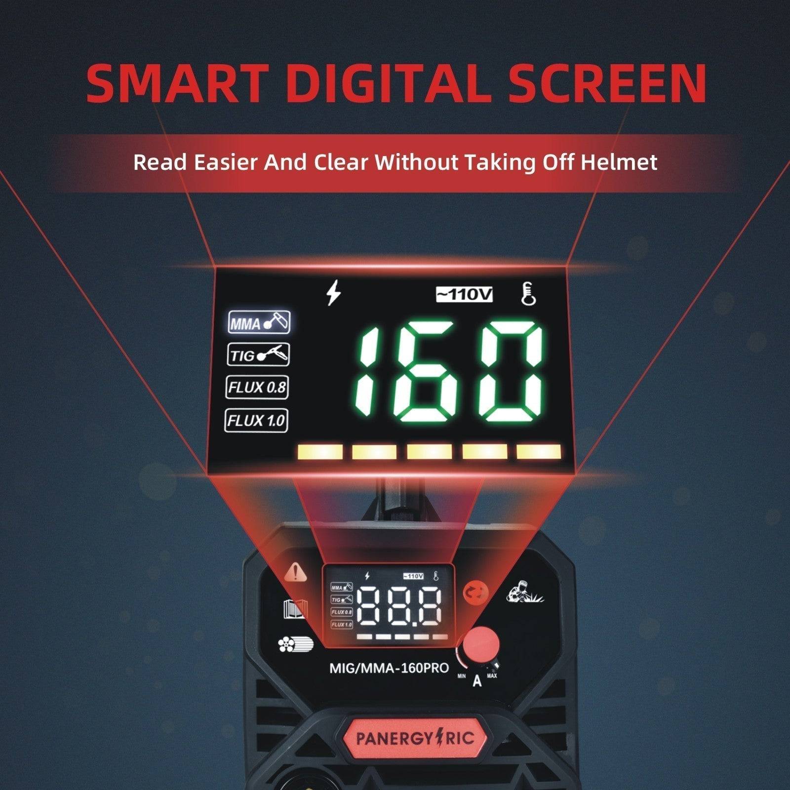 Smart digital screen display on welding machine showing voltage and settings