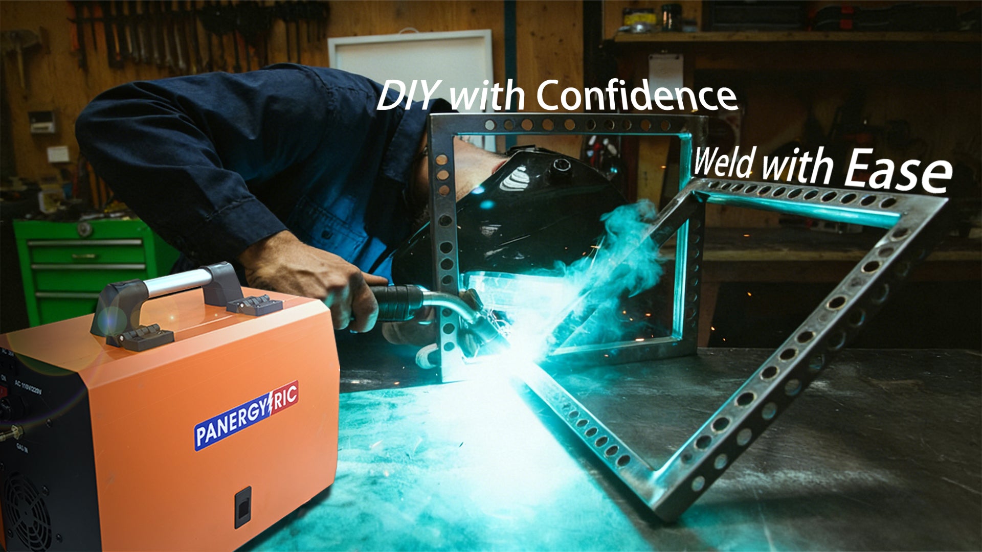 Welding machine in action, demonstrating ease of welding with portable 200A inverter welder